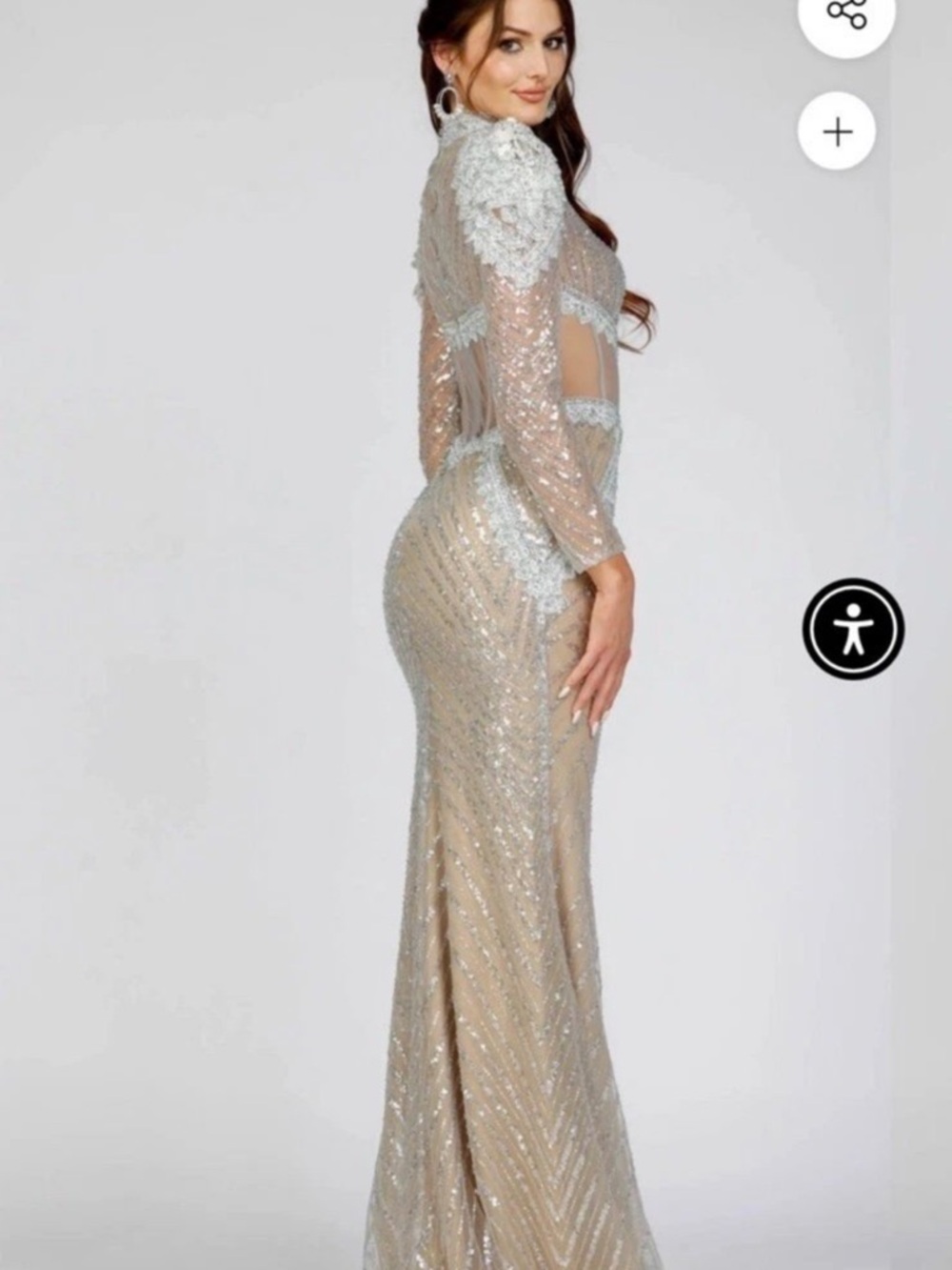 Terani Couture Silver-Beige Sequin Maxi Gown